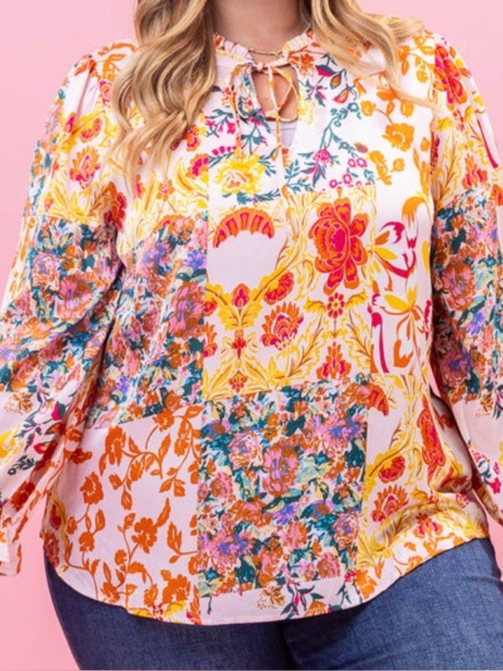 Floral Patchwork Tie-Neck Women's long sleeve Top Pink / Yellow. Medium. Jodifl
